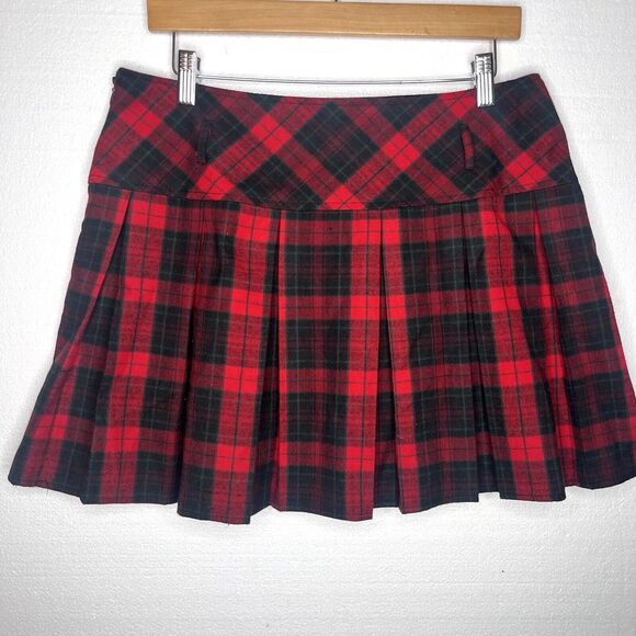 Chouyatou Red Green Tartan Plaid Wool Blend Pleated Skirt size large - Picture 1 of 7